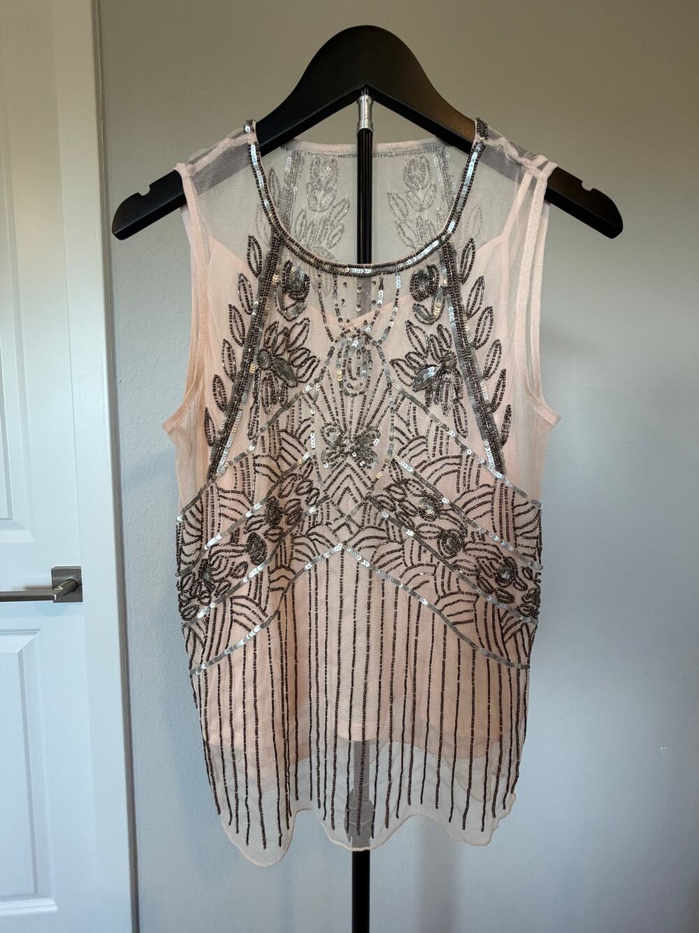 VENUS Blush Pink Beaded Sequin Mesh Tank Top Women's US 8 Art Deco Gatsby